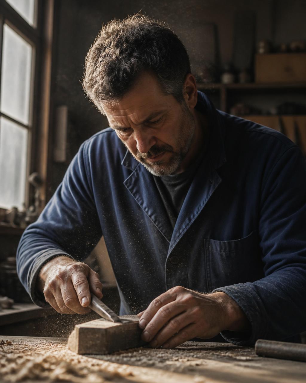 Artisan quarantenaire au travail dans son atelier, mains en action